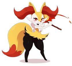 Rule 34 | animal ear fluff, animal ears, animal nose, braixen, creatures (company), eric lowery, fire, fox ears, fox tail, furry, furry female, game freak, gen 6 pokemon, highres, long tail, nintendo, pokemon, pokemon (creature), pokemon xy, red eyes, smile, snout, solo, sssonic2, stick, tail, thick thighs, thighs
