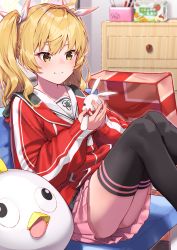 Rule 34 | 1girl, ahoge, black cola, black thighhighs, blonde hair, blue archive, blush, brown eyes, closed mouth, commentary request, eyebrows hidden by hair, feet out of frame, hair intakes, hair ribbon, highres, holding, holding stuffed toy, indoors, jacket, knees up, long hair, looking away, pink skirt, pleated skirt, red jacket, ribbon, sailor collar, shirt, sitting, skirt, smile, solo, stuffed animal, stuffed rabbit, stuffed toy, thighhighs, twintails, white ribbon, white sailor collar, white shirt, yoshimi (blue archive)