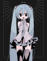Rule 34 | 1girl, absurdres, arms behind back, bare shoulders, black background, black eyes, black skirt, black thighhighs, blue hair, collared shirt, commentary, cowboy shot, detached sleeves, english text, grey necktie, grey shirt, hair ornament, hatsune miku, highres, long hair, looking at viewer, miniskirt, necktie, open mouth, outside border, pleated skirt, shiro kuro (shirokuro 3939), shirt, skirt, sleeveless, sleeveless shirt, smile, solo, standing, thighhighs, twintails, very long hair, vocaloid, zettai ryouiki