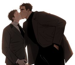Rule 34 | 2boys, age difference, backlighting, balnom, bara, black necktie, blush, closed eyes, collared shirt, facial hair, facial scar, feet out of frame, formal, from side, goatee, grey suit, height difference, highres, kiss, leaning forward, male focus, mature male, multiple boys, necktie, original, scar, scar on cheek, scar on face, shirt, short hair, sideburns, stitches, suit, sweatdrop, white background, yaoi