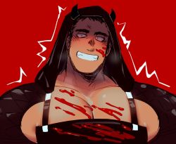 Rule 34 | 1boy, aikawa (dorohedoro), apron, areola slip, bad id, bad twitter id, black hair, blood, blood on clothes, blood on face, commentary, constricted pupils, cosplay, dorohedoro, english commentary, grin, hood, hood up, looking at viewer, male focus, muscular, nikaidou (dorohedoro), nikaidou (dorohedoro) (cosplay), pectorals, red background, red eyes, saturday (hokawazu), shaded face, simple background, smile, solo