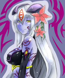 Rule 34 | 1girl, alipheese fateburn xvi, bare shoulders, blue skin, breasts, bustier, colored skin, female focus, flower, hair ornament, highres, horns, lamia, long hair, midriff, mon-musu quest!, monster girl, onji, pointy ears, profile, silver hair, solo, standing, tattoo, upper body, yellow eyes