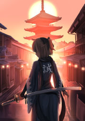 Rule 34 | 1girl, absurdres, architecture, backlighting, black bow, black scarf, blonde hair, bow, dusk, east asian architecture, fate/grand order, fate (series), from behind, hair bow, hair over eyes, haori, highres, holding, holding sheath, japanese clothes, okita souji (fate), okita souji (koha-ace), outdoors, pasoputi, ponytail, scarf, sheath, sheathed, short hair, solo, sun