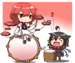 Rule 34 | &gt; &lt;, 2girls, aged down, ahoge, asymmetrical wings, black dress, black hair, black legwear, blush, bow, child, closed eyes, commentary request, dress, drum, drum set, drumming, drumsticks, feiton, gradient background, horikawa raiko, houjuu nue, instrument, juliet sleeves, long sleeves, multiple girls, musical note, open clothes, open shirt, open vest, puffy sleeves, red eyes, red hair, shirt, sitting, sitting on drum, skirt, smile, teaching, thighhighs, touhou, vest, wings