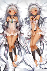 Rule 34 | 10s, 1girl, altera (fate), bare shoulders, barefoot, bed sheet, black nails, blush, breasts, closed mouth, commentary request, dakimakura (medium), dark-skinned female, dark skin, detached sleeves, dress, fate/extella, fate/extra, fate (series), feet, fingernails, grey hair, groin, halterneck, hand up, head tilt, highres, long sleeves, lying, multiple views, nail polish, navel, nipples, on back, on side, own hands together, parted lips, red eyes, short hair, small breasts, smile, sweat, torn clothes, torn dress, tuminiakira, veil, white dress, white sleeves
