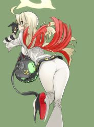 Rule 34 | 1girl, ahoge, arc system works, artist request, ass, ball and chain restraint, belt, bodysuit, breasts, candy, food, gloves, green background, guilty gear, guilty gear xrd, guilty gear xrd: revelator, halo, jack-o&#039; valentine, leaning, leaning forward, lollipop, long hair, looking back, multicolored hair, platinum blonde hair, red eyes, red hair, sideboob, simple background, skin tight, solo, two-tone hair