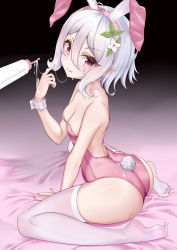Rule 34 | 1girl, absurdres, animal ears, ass, backless outfit, bed sheet, between legs, breasts, cleavage, closed mouth, fake animal ears, fake tail, flower, gradient background, hair between eyes, hair flower, hair ornament, hairband, hand between legs, highres, index finger raised, kokkoro (princess connect!), leotard, looking at viewer, mikawa sansen, nail polish, pink eyes, pink hairband, pink leotard, pink nails, playboy bunny, pointy ears, princess connect!, rabbit ears, rabbit tail, short hair, silver hair, sitting, small breasts, smile, solo, strapless, strapless leotard, suggestive fluid, tail, thighhighs, wariza, white flower, white thighhighs, wrist cuffs