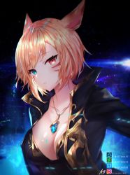 Rule 34 | 1girl, animal ears, artist name, artstation logo, artstation username, warrior of light (ff14), blonde hair, blue eyes, breasts, cat ears, character request, cleavage, collarbone, commentary, commission, deviantart logo, deviantart username, drawing, facial mark, final fantasy, final fantasy xiv, gem, heterochromia, highres, hitokiri battousai, instagram logo, instagram username, jacket, jewelry, large breasts, looking at viewer, miqo&#039;te, necklace, parted lips, pixiv logo, pixiv username, purple jacket, red eyes, short hair, signature, solo, upper body