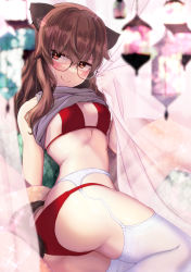 Rule 34 | 1girl, 504th joint fighter wing, animal ears, ass, blush, bra, breasts, brown hair, butt crack, dog ears, dog tail, fernandia malvezzi, garter belt, glasses, highres, hora liar, lace, liar lawyer, looking at viewer, panties, panties over garter belt, red bra, red panties, small breasts, smile, strike witches, strike witches: kurenai no majo-tachi, tail, thighhighs, underwear, veil, white thighhighs, world witches series, yellow eyes