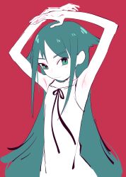 Rule 34 | 1girl, absurdres, armpits, arms up, dress, eds, flat chest, green eyes, green hair, highres, long hair, looking at viewer, red background, saya (saya no uta), saya no uta, simple background, sketch, smile, solo, very long hair, white dress