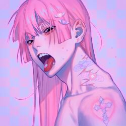 Rule 34 | 1boy, arm tattoo, earrings, eyeshadow, gyuing666, hair ornament, highres, jewelry, long hair, makeup, male focus, neck tattoo, open mouth, original, pink eyeshadow, pink hair, pink theme, simple background, solo, tattoo, teeth, tongue, tongue out, topless male, upper body