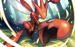 Rule 34 | claws, commentary, creatures (company), falling leaves, forest, game freak, gen 2 pokemon, highres, insect wings, koyama miki, leaf, leaning forward, legs apart, looking at viewer, nature, nintendo, no humans, orange eyes, pokemon, pokemon (creature), scizor, signature, solo, tree, watermark, wings