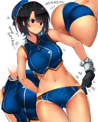 Rule 34 | 10s, 1girl, ^^^, adapted costume, adjusting clothes, adjusting swimsuit, ass, beret, bikini, bikini bottom only, bikini tan, black gloves, black hair, blue bikini, blue hat, blush, breasts, cafe au lait (kafeore), closed mouth, covered erect nipples, crop top, embarrassed, eyelashes, gloves, gluteal fold, hat, kantai collection, large breasts, midriff, motion lines, multiple views, red eyes, shiny skin, short hair, simple background, sleeveless, swimsuit, takao (kancolle), tan, tanline, thigh gap, translation request, white background, wrist cuffs