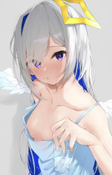 Rule 34 | 1girl, absurdres, amane kanata, angel, angel wings, armpit crease, blue hair, blush, breasts, breath, camisole, collarbone, colored inner hair, downblouse, eyes visible through hair, glass, grey background, grey hair, hair over one eye, highres, hololive, kakeru (kakeruanim), looking at viewer, multicolored hair, no bra, off shoulder, parted lips, purple eyes, simple background, small breasts, solo, strap slip, sweat, upper body, virtual youtuber, water, wings