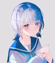 Rule 34 | 1girl, achiki, aqua neckerchief, blue eyes, blue hair, blue sailor collar, blunt bangs, blush, collarbone, commentary, frown, grey background, highres, holding, holding letter, letter, looking at viewer, love letter, medium hair, neckerchief, original, sailor collar, shirt, short twintails, simple background, sleeves past wrists, solo, symbol-only commentary, tearing up, twintails, white shirt
