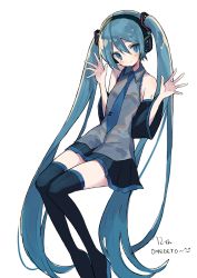 Rule 34 | 1girl, black footwear, black skirt, black sleeves, black thighhighs, blue eyes, blue hair, blue necktie, blush, boots, closed mouth, collared shirt, detached sleeves, grey shirt, hair between eyes, hair ornament, hands up, hatsune miku, headphones, long hair, long sleeves, mimelond, necktie, pleated skirt, romaji text, shirt, sidelocks, simple background, skirt, sleeveless, sleeveless shirt, smile, solo, thigh boots, thighhighs, tie clip, twintails, very long hair, vocaloid, white background, wide sleeves