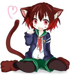 Rule 34 | 10s, 1girl, absurdres, animal ears, bad id, bad pixiv id, black pantyhose, brown hair, cat ears, cat tail, crescent, crescent moon, fang, green skirt, highres, hitonounti, kantai collection, kemonomimi mode, long sleeves, moon, mutsuki (kancolle), mutsuki kai ni (kancolle), open mouth, pantyhose, pleated skirt, short hair, simple background, skirt, solo, tail, white background