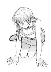 Rule 34 | 1girl, 203wolves, all fours, arm support, bare shoulders, breasts, closed mouth, commentary request, duel academy uniform (yu-gi-oh! gx), fingernails, full body, greyscale, highres, lineart, long hair, looking at viewer, medium breasts, miniskirt, monochrome, simple background, skirt, sleeveless, smile, tenjouin asuka, uniform, white background, yu-gi-oh!, yu-gi-oh! gx