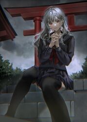 Rule 34 | 1girl, absurdres, black sailor collar, black serafuku, black skirt, black thighhighs, chromatic aberration, cloud, from below, grey hair, grey sky, highres, hinako 95, light particles, long hair, long sleeves, looking at viewer, mole, mole under mouth, neckerchief, original, outdoors, overcast, parted lips, pleated skirt, praying, red eyes, red neckerchief, sailor collar, school uniform, serafuku, sitting, skirt, sky, solo, stairs, stone stairs, thighhighs, torii, tree, zettai ryouiki
