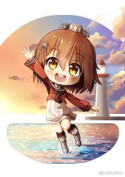 Rule 34 | 1girl, brown eyes, brown hair, brown neckerchief, chibi, cloud, commentary, dress, english commentary, full body, grey sailor collar, kantai collection, lighthouse, mixed-language commentary, neckerchief, open mouth, outdoors, red shirt, roshi chen, round teeth, rudder footwear, sailor collar, sailor shirt, scenery, shirt, short hair, solo, sunset, tan yang (kancolle), teeth, upper teeth only, water, white dress, yukikaze (kancolle)