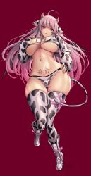 Rule 34 | 1girl, animal ears, animal print, boots, breasts, cleavage, commission, covered erect nipples, cow ears, cow girl, cow horns, cow print, cow tail, curvy, full body, hand on own hip, hand on own chest, highres, horns, large breasts, long hair, looking at viewer, looking down, mad kimo, original, parted lips, pink eyes, pink hair, pubic tattoo, solo, tail, tattoo, thighhighs, thighs, underboob, wide hips