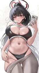 Rule 34 | 1girl, absurdres, alternate costume, black hair, black panties, black sports bra, blue archive, blush, breasts, cellphone, cleavage, collarbone, duchessofarmeria, fingernails, gluteal fold, grey leggings, groin, halo, highres, holding, holding phone, large breasts, leggings, long hair, looking at viewer, navel, panties, pants, phone, ponytail, red eyes, rio (blue archive), simple background, skindentation, solo, sports bra, steam, stomach, sweat, thigh gap, underwear, very long hair, white background, yoga pants