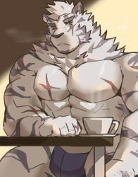 Rule 34 | 1boy, abs, alternate eye color, alternate pectoral size, animal ears, arknights, bara, blue male underwear, breath, briefs, cha shao bao du, cowboy shot, facial hair, furry, furry male, goatee, green eyes, highres, looking at viewer, male focus, male underwear, mountain (arknights), muscular, muscular male, one eye closed, pectorals, scar, scar across eye, scar on arm, short hair, sitting, solo, stomach, thick eyebrows, tiger boy, tiger ears, topless male, underwear, white hair