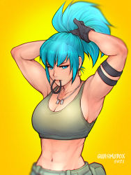 Rule 34 | 1girl, 2021, abs, adjusting hair, arm strap, armpits, arms behind head, arms up, artist name, black gloves, blue eyes, blue hair, breasts, cleavage, dog tags, earrings, eyelashes, gloves, green sports bra, hair tie, hair tie in mouth, hands in hair, jewelry, large breasts, leona heidern, long hair, midriff, mouth hold, muscular, muscular female, navel, ponytail, quasimodox, solo, sports bra, the king of fighters, triangle earrings, tying hair, upper body, yellow background