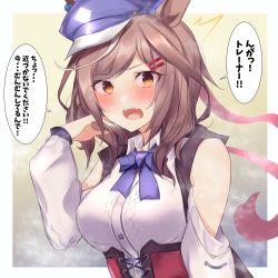 Rule 34 | absurdres, animal ears, blush, breasts, brown hair, cabbie hat, commentary request, hair ornament, hairclip, hat, highres, horse ears, horse girl, looking at viewer, matikane tannhauser (umamusume), medium breasts, ribbon, simple background, sweat, translation request, umamusume, yellow eyes, yomesuket