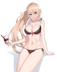 Rule 34 | 1girl, arm support, bad id, bad pixiv id, bare arms, bare shoulders, bikini, black bikini, blue eyes, braid, braided bangs, breasts, brown hair, cero (last2stage), cleavage, closed mouth, cocktail glass, collarbone, commentary request, cup, dessert, drinking glass, food, g36 (girls&#039; frontline), girls&#039; frontline, highres, holding, invisible chair, large breasts, long hair, looking at viewer, navel, ponytail, shadow, side-tie bikini bottom, sitting, smile, solo, stomach, swimsuit, thighs, very long hair, wafer stick, whipped cream