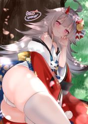 Rule 34 | 1girl, :3, ahoge, ass, azur lane, bad id, bad pixiv id, bare shoulders, claw pose, fur trim, grey hair, hair ornament, hibiki (azur lane), hibiki (new year&#039;s little imp) (azur lane), highres, horns, long hair, looking at viewer, multicolored hair, neco meito, oni horns, red eyes, signature, skindentation, smile, solo, thighhighs, thighs, white thighhighs