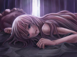 Rule 34 | aqua eyes, arkas, bed, long hair, lying, megurine luka, on stomach, open mouth, pillow, pink hair, smile, solo, vocaloid