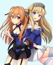Rule 34 | 2girls, akahi242, back-to-back, black legwear, black skirt, blonde hair, blue background, blue eyes, blue shirt, breasts, brown eyes, cleavage, commentary request, cowboy shot, fletcher (kancolle), garter straps, gloves, hair ornament, hairband, johnston (kancolle), kantai collection, large breasts, light brown hair, long hair, looking at viewer, medium breasts, multiple girls, off shoulder, pleated skirt, sailor collar, school uniform, serafuku, shirt, simple background, skirt, standing, star (symbol), star hair ornament, thighhighs, two side up, v, white gloves, yellow neckwear