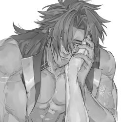 Rule 34 | 1boy, abs, bara, bbbb fex, bhima (fate), dark-skinned male, dark skin, fate/grand order, fate (series), greyscale, guided head grab, guiding hand, hair over one eye, long hair, looking at viewer, male focus, monochrome, muscular, muscular male, pectoral cleavage, pectorals, pov, pov hands, solo focus, tears, thick eyebrows, upper body, vest