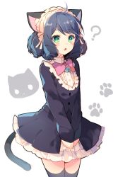 Rule 34 | 10s, 1girl, ?, animal ears, bell, blue hair, blush, bow, bowtie, cat ears, cat tail, curly hair, cyan (show by rock!!), green eyes, mayachi (amuriya), short hair, show by rock!!, simple background, skirt, solo, tail, thighhighs