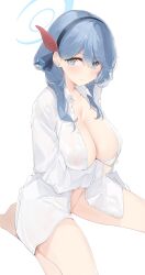 Rule 34 | 1girl, absurdres, ako (blue archive), alreadyusedpai, alternate costume, barefoot, blue archive, blue eyes, blue hair, blush, breasts, cleavage, closed mouth, collared shirt, covered erect nipples, ear piercing, hair between eyes, hair ribbon, hairband, halo, highres, large breasts, long sleeves, looking at viewer, naked shirt, open clothes, open shirt, piercing, ribbon, see-through, shirt, simple background, sitting, solo, sweat, white background, white shirt