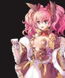 Rule 34 | 1girl, bad id, bad pixiv id, black background, blue eyes, bow, breasts, cleavage, collarbone, corset, cup, detached collar, detached sleeves, eyebrows, fang, frilled sleeves, frills, gloves, hair bow, high collar, horns, looking at viewer, open mouth, original, pink hair, red bow, shawl, shovelwall, shovelwell, simple background, skirt, smile, solo, teacup, twintails, upper body, white gloves, white skirt, wide sleeves