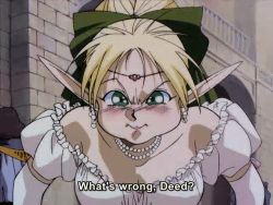 Rule 34 | 1girl, angry, animated, anime screenshot, blonde hair, blush, deedlit, dress, elf, green eyes, jewel, jewelry, necklace, pearl necklace, pointy ears, pout, record of lodoss war, retro artstyle, screencap, solo