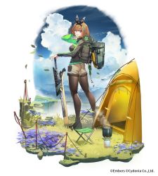 Rule 34 | 1girl, ash arms, boots, breasts, brown hair, character request, commentary request, grass, hairband, highres, jjune, long sleeves, looking at viewer, medium breasts, pantyhose, purple eyes, short hair, shorts, solo, sword, tent, water, waterfall, weapon
