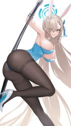 Rule 34 | 1girl, absurdly long hair, absurdres, animal ears, armpits, ass, asuna (blue archive), asuna (bunny) (blue archive), black pantyhose, blue archive, blue eyes, blue leotard, blush, breasts, cleavage, commentary, elbow gloves, fake animal ears, from below, gloves, grin, hair over one eye, halo, high heels, highres, large breasts, leotard, light brown hair, long bangs, long hair, looking at viewer, pantyhose, patent heels, playboy bunny, pole dancing, pumps, rabbit ears, shibasoda, shoes, sideboob, simple background, smile, solo, stiletto heels, symbol-only commentary, thighband pantyhose, very long hair, white background, white footwear, white gloves