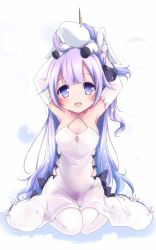 Rule 34 | 1girl, :d, absurdres, ahoge, armpits, arms up, azur lane, commentary request, detached sleeves, dress, highres, long hair, looking at viewer, nanaume (shichimi tougarashi), open mouth, purple eyes, purple hair, simple background, sitting, smile, solo, stuffed animal, stuffed toy, stuffed unicorn, stuffed winged unicorn, unicorn (azur lane), wariza, white background, white dress