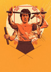 Rule 34 | 1boy, afterimage, asian, black hair, bruce lee, commentary, cropped torso, english commentary, highres, holding, holding nunchaku, holding weapon, looking at viewer, male focus, nunchaku, oliver barrett, open hand, real life, realistic, solo, weapon, yellow background
