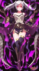Rule 34 | 1girl, absurdres, artist name, aura, bare shoulders, belt, black thighhighs, boots, breasts, cleavage, collarbone, corruption, dark aura, dark persona, fire emblem, fire emblem awakening, fire emblem heroes, grima (fire emblem), grin, highres, horns, huge filesize, large breasts, long hair, long sleeves, miniskirt, nintendo, off-shoulder shirt, off shoulder, robe, robin (female) (fire emblem), robin (fire emblem), sarukaiwolf, shirt, silver hair, skirt, smile, solo, super smash bros., thighhighs, twintails, wide sleeves, wizard, zettai ryouiki
