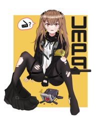 Rule 34 | 1girl, black gloves, black jacket, black pantyhose, black scarf, black skirt, blush, bow, brown hair, character name, dinergate (girls&#039; frontline), full body, girls&#039; frontline, gloves, hair bow, hair ornament, hairclip, hand on floor, highres, jacket, long hair, looking at viewer, no shoes, on floor, open clothes, open jacket, open mouth, paaam, pantyhose, partially fingerless gloves, red eyes, scar, scar across eye, scar on face, scarf, shirt, simple background, skirt, unworn skirt, solo, spread legs, torn clothes, torn pantyhose, twintails, ump9 (girls&#039; frontline), white shirt