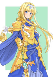 Rule 34 | 1girl, alice zuberg, aqua background, armor, armored dress, bad id, bad pixiv id, blonde hair, blue cape, blue dress, blue eyes, bow, braid, braided ponytail, cape, closed mouth, dress, floating hair, gauntlets, grey hairband, hair bow, hair intakes, hairband, hand on hilt, highres, long dress, long hair, osmanthus blade, pauldrons, ponytail, shemry akatsuki, shoulder armor, sidelocks, solo, standing, sword art online, two-tone background, very long hair, white background, white bow