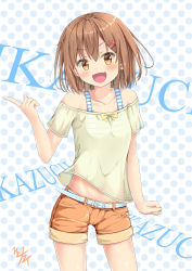 Rule 34 | &gt;:d, 10s, 1girl, :d, alternate costume, belt, blouse, brown eyes, brown hair, character name, collarbone, contemporary, cowboy shot, fang, hair between eyes, highres, ikazuchi (kancolle), kantai collection, midriff peek, mikoillust, off-shoulder shirt, off shoulder, open mouth, orange shorts, polka dot, polka dot background, see-through, shirt, short hair, short sleeves, shorts, signature, smile, solo, v-shaped eyebrows, white shirt