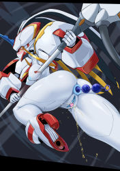 Rule 34 | 1girl, anal, anal beads, anal object insertion, android, anus, armor, ass, blush, breasts, censored, closed mouth, colored skin, darling in the franxx, flying, from side, heart, heart censor, highres, horns, large breasts, looking at viewer, looking to the side, mecha, nipples, nude, object insertion, pauldrons, pee, peeing, pochincoff, profile, pussy, robot, sex toy, shoulder armor, sideways glance, sideways mouth, single horn, solo, strelizia, white skin
