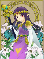 Rule 34 | 1girl, art nouveau, belt, cape, dress, earrings, easter lily, elbow gloves, flower, forehead jewel, gloves, gradient hair, jewelry, lily (flower), long hair, making-of available, multicolored hair, nintendo, pointy ears, princess hilda, purple hair, red eyes, shoulder pads, solo, somari, staff, the legend of zelda, the legend of zelda: a link between worlds, tiara, triforce, white flower, white gloves