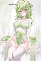 Rule 34 | 1girl, acedia, alternate costume, animal ears, blush, breasts, ceres fauna, commentary, dress, flower, green dress, green hair, hair flower, hair ornament, highres, hololive, hololive english, large breasts, long hair, looking at viewer, mole, mole under eye, sleeveless, sleeveless dress, solo, symbol-only commentary, thighhighs, virtual youtuber, white thighhighs, yellow eyes