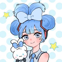 Rule 34 | 1girl, 428 reverb, blue bow, blue hair, blue necktie, bow, cinnamiku, cinnamoroll, creature, ear bow, grey shirt, hair bow, hatsune miku, highres, holding, holding creature, looking at viewer, matching outfits, necktie, portrait, sanrio, shirt, sleeveless, sleeveless shirt, smile, solo, star (symbol), tied ears, updo, vocaloid